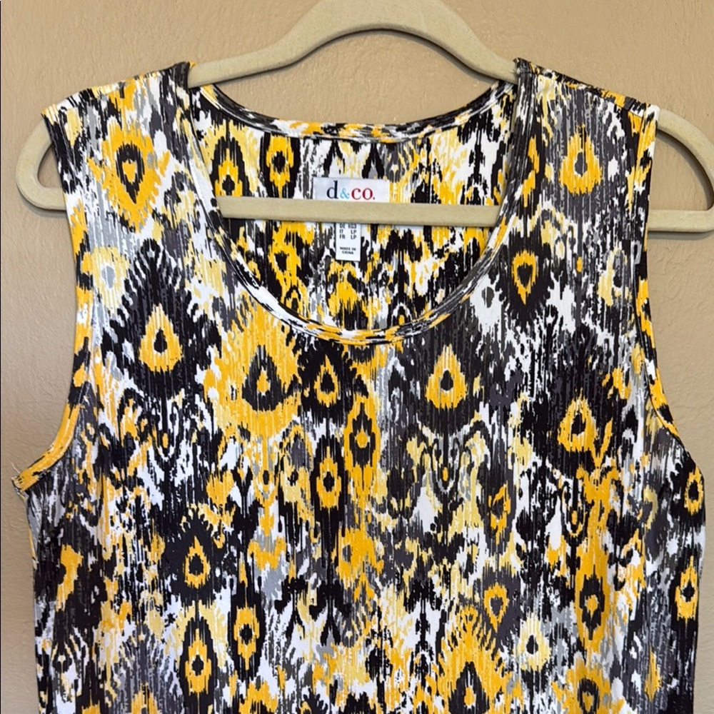 Denim & Co Yellow Black Geometric Ikat Midi Dress Side Slit Knit Petite LP - Picture 5 of 15